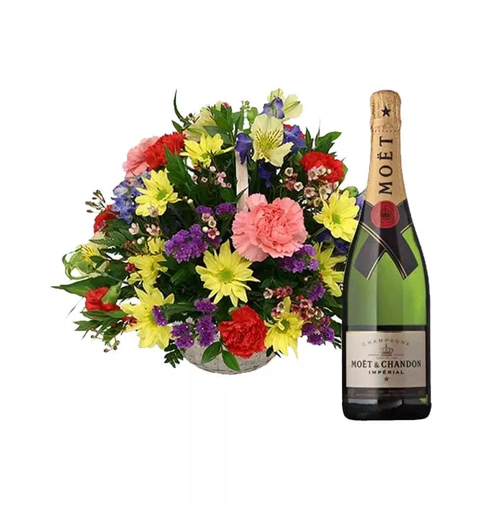 Dazzling Fresh Seasonal Flowers and a Bottle of Champagne