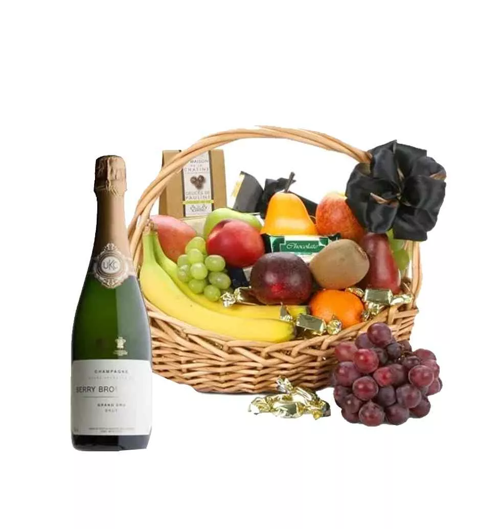 Decorated Fruits, Chocolates and Champagne Basket