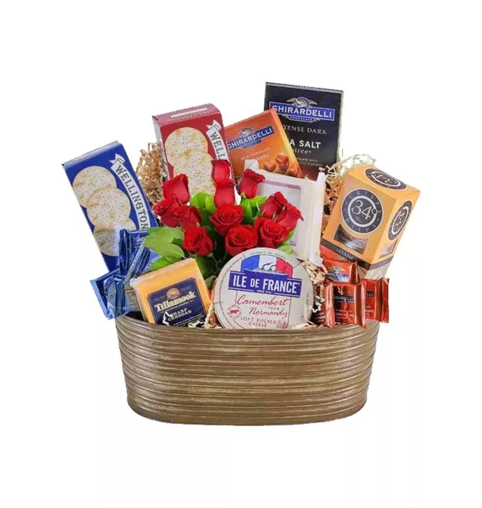 Delicious Gourmet Treats with Roses Gift Basket