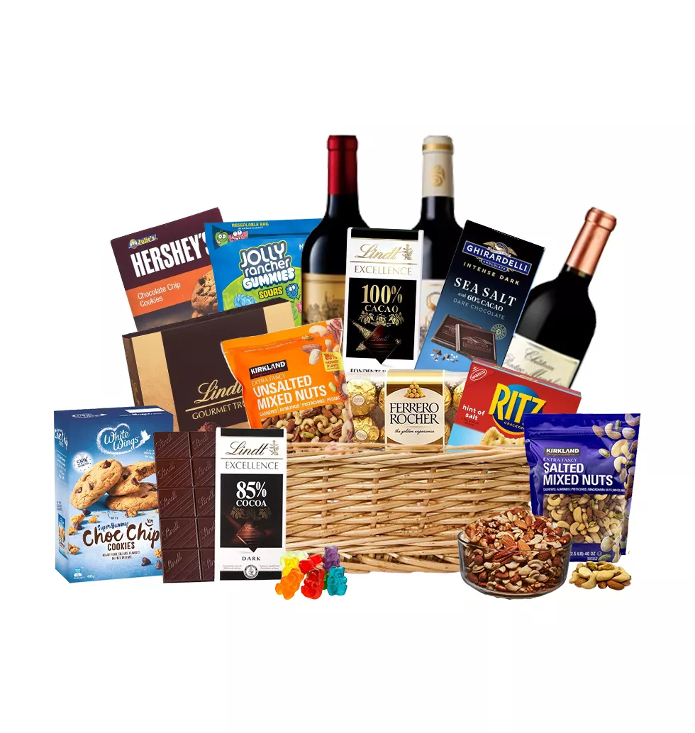 Delightful Three French Wine and Munchies Basket